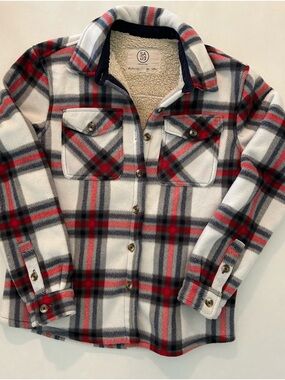 Kids Sherpa-Lined Plaid Shacket - White, Red & Gray